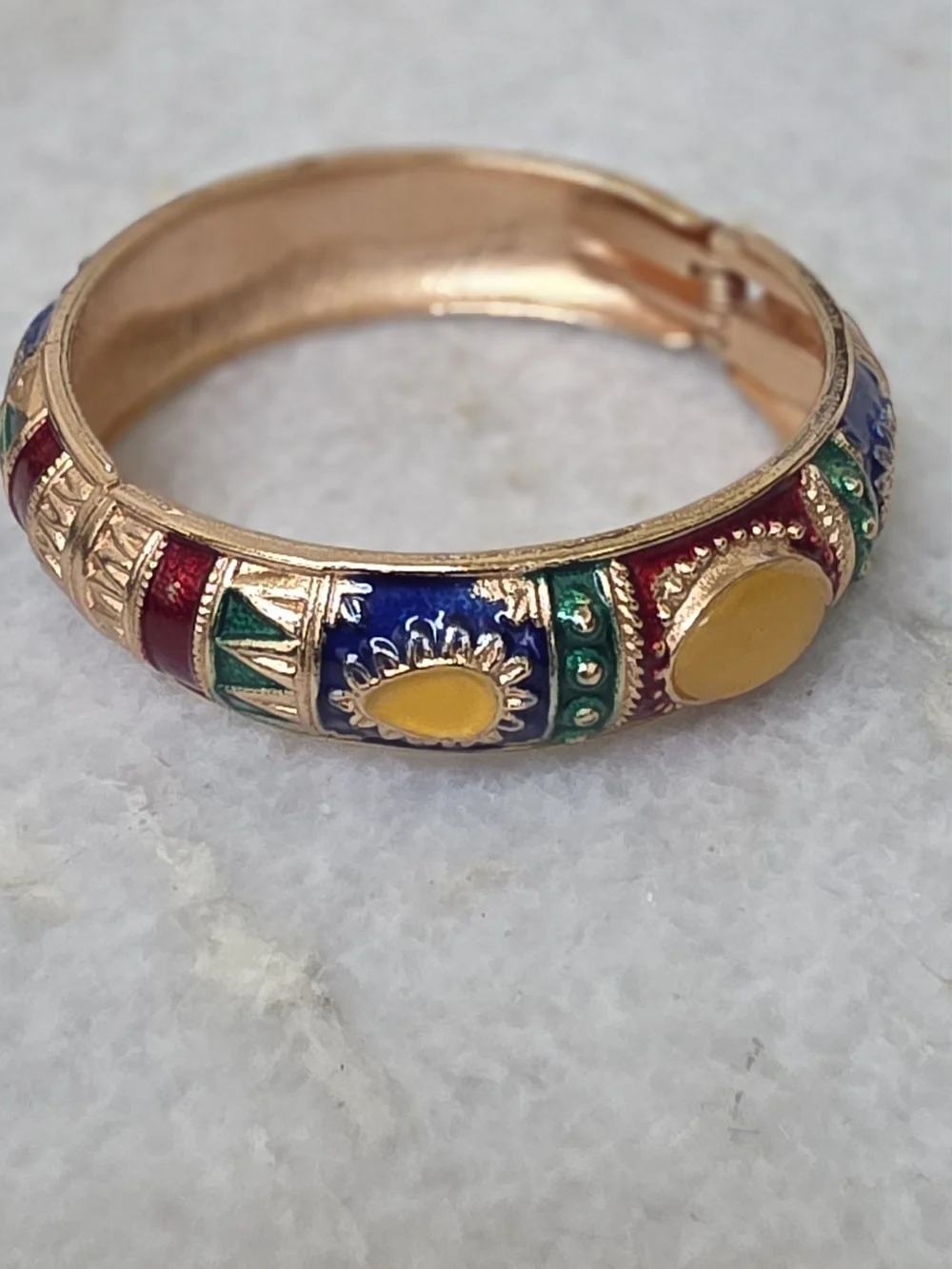 Jiu Long Xing Vintage Multicolor Enamel Cloisonne Hinged Bangle Bracelet Gold Bo